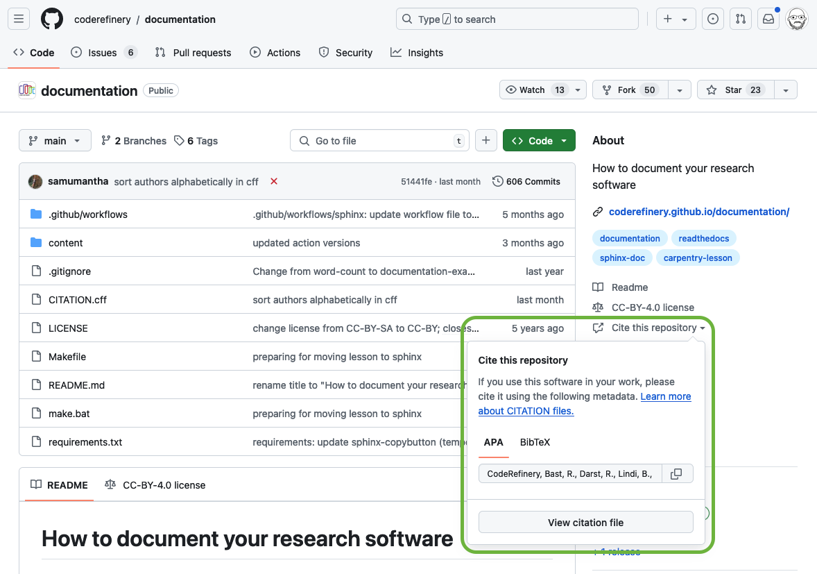 GitHub displays a 'Cite this repository' pop-up on projects containing a CITATION.cff file.